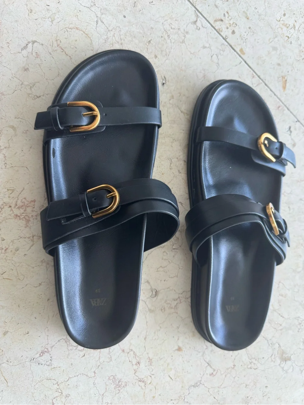 Zara Black Double-Strap Slide Sandals with Gold Buckles - Picture 2 of 3